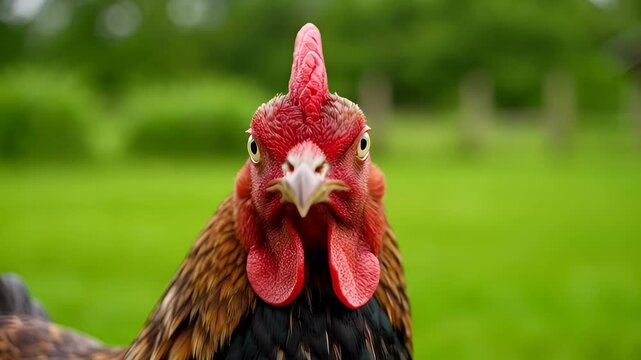 Rooster head closeup portrait in green garden, bird poultry with red comb alert eye, SEO friendly farm background