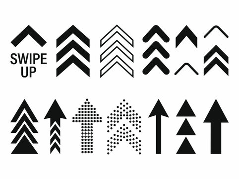Collection of various upward pointing arrows, including solid, outlined, dotted, and swipe up icons for user interfaces.