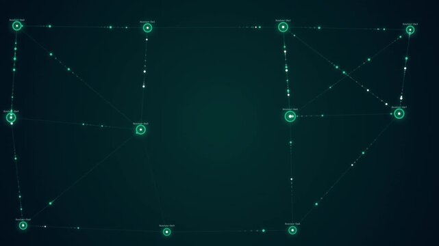 Abstract Digital Network Topology Map with Glowing Data Packets Moving Between Routers