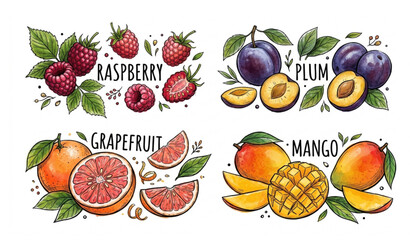 Colorful hand drawn fruit poster vector set with mango grapefruit plum and raspberry illustrations © akash