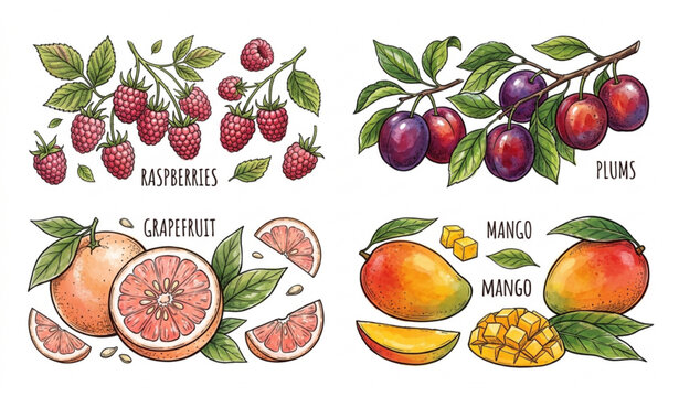 Hand drawn tropical fruit vector poster collection with raspberries plums grapefruit and mango