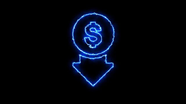 A neon blue dollar sign icon with a downward arrow on a black background in this video