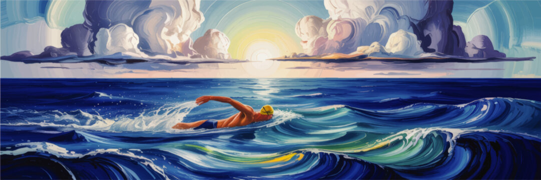 Sunrise ocean swimmer in turbulent waves, dramatic seascape illustration with athletic man training in open water under colorful clouds