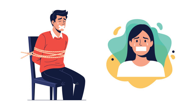 Man tied to a chair and a woman with her mouth taped both showing fear and distress in a kidnapping concept.