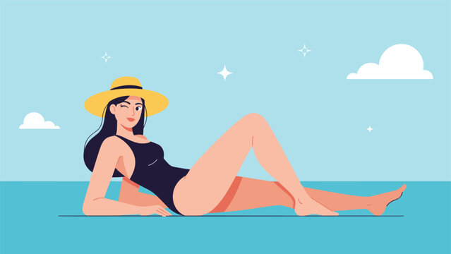 Beautiful woman wearing a swimsuit and a straw hat sunbathing on the beach with a winking expression and a blue sea background.