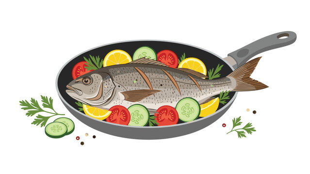 Delicious cooked fish served in a frying pan with fresh lemon slices, cherry tomatoes, cucumbers, and green herbs.