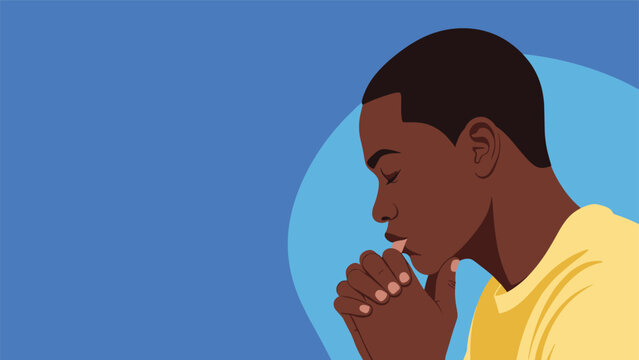 Profile of a young Black man with his eyes closed and hands clasped in prayer or deep meditation against a blue background.