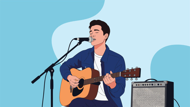 Musician playing an acoustic guitar and singing into a microphone on a stage with an amplifier and abstract background.