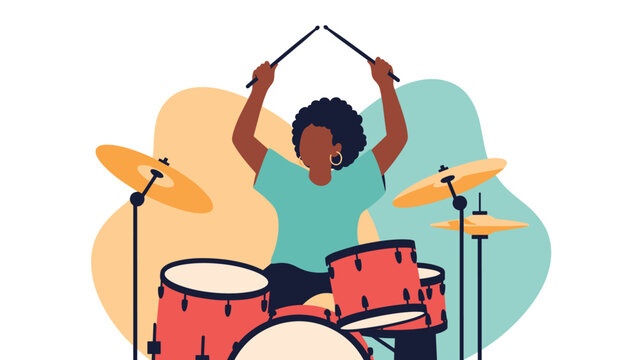 Energetic young woman with an afro hairstyle playing a red drum set with sticks on a colorful abstract background.