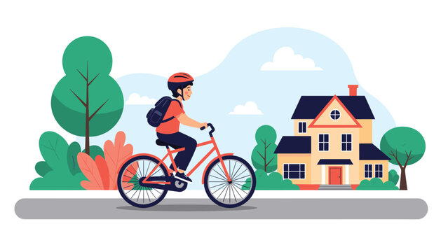 Young boy wearing a red helmet and backpack riding a bicycle on a road near a house and trees in the morning.