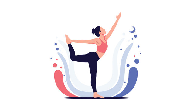 Fit woman practicing a challenging one-leg balance yoga pose on a colorful abstract background with fluid waves.