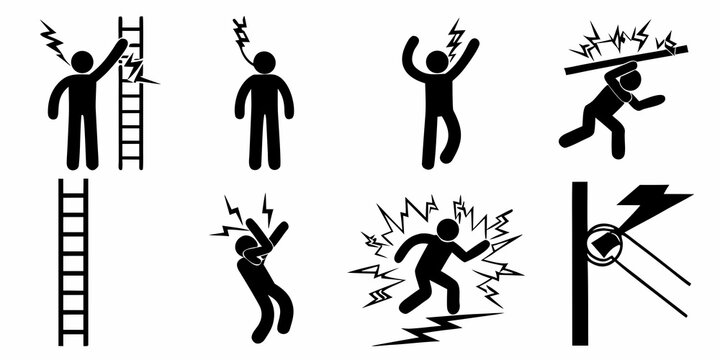 Electrical Hazard Icons Black Silhouette Set On White Background