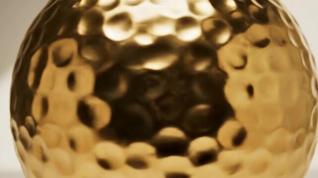 Golden Hammered Sphere with Textured Surface Reflecting Light and Abstract Design.