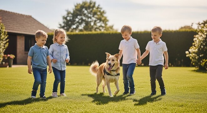 Children and dog walking outdoors