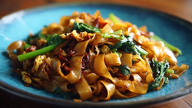 Savory Stir-Fried Wide Rice Noodles with Leafy Greens and Savory Savory Seasonings a Delicious Asian Cuisine Staple Perfect for Food Blogs and Culinary Presentations.