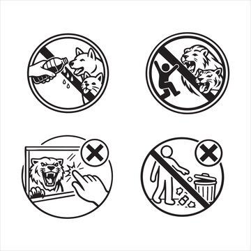 Clean black‑white vector prohibition icons for zoo visitors, clear safety rules to prevent feeding, climbing, tapping glass, and littering. Ideal for public signage and educational use.