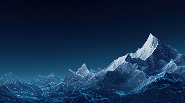 Tech-inspired digital mountain wireframe model, abstract blue grid terrain, big data, geographic information and digital landscape concept background