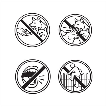 Minimalist black‑white vector prohibition icons for zoo visitors, clear safety signs to prevent feeding, touching, shouting, and climbing. Perfect for educational and public signage use.