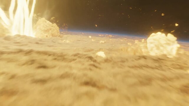 Epic POV skimming boiling plasma surface of massive yellow sun with giant solar flare eruptions