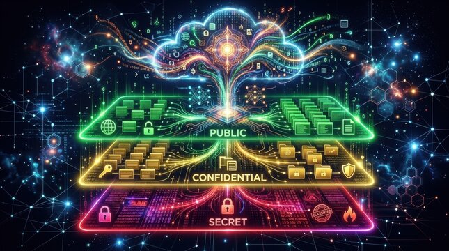 Cloud Data Security Layers: An abstract visualization of cloud computing security, illustrating the separation of data into public, confidential, and secret layers.