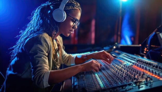 Focused sound engineer working on audio mixing console.