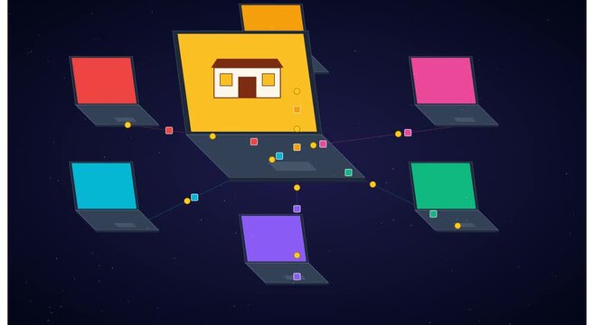 Centralized network hub connecting multiple laptops animation