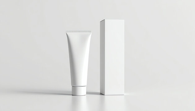 Blank plastic tube for cosmetics with cardboard box mockup. Front view 