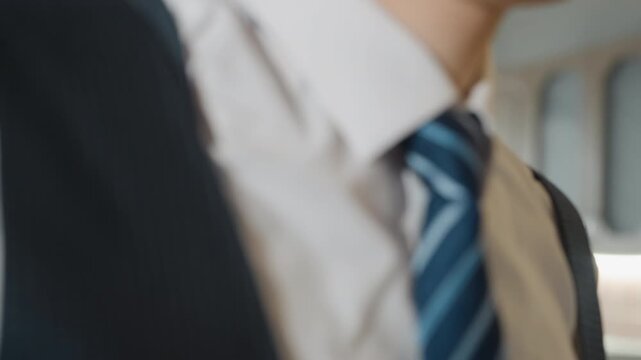Caucasian businessman adjusts blue tie, closeup of white shirt, pinstripe vest and suspenders in bright modern office, steady hand smoothing knot, poised morning routine as executive prepares