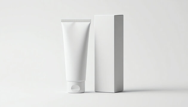 Blank plastic tube for cosmetics with cardboard box mockup. Front view 