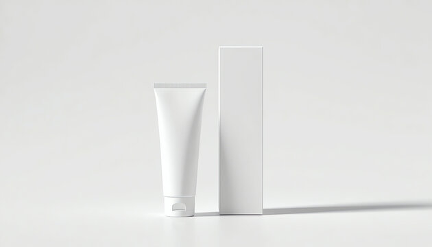 Blank plastic tube for cosmetics with cardboard box mockup. Front view 