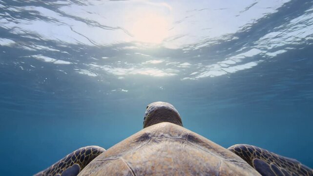 Beautiful sea turtle POV gliding through clear blue water toward surface for a breath air