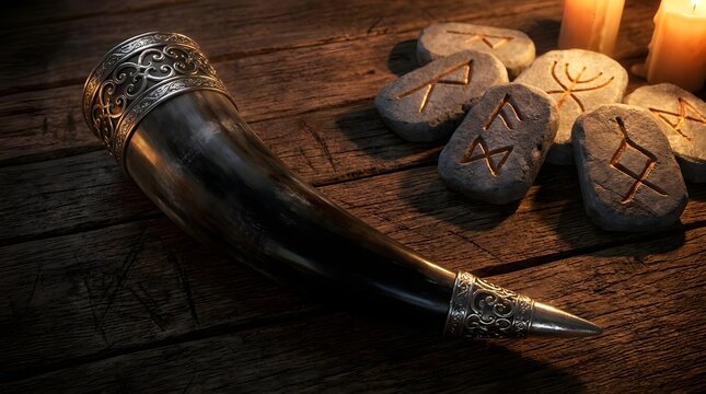 Viking Style Mead Horn Placed Beside Hand Carved Rune Stones