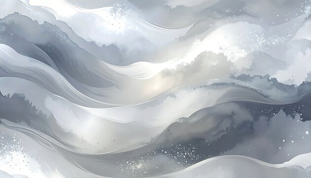 A serene landscape of wavy, flowing white and gray cloudy hills