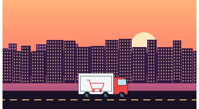 Delivery truck driving through city at sunset flat animation