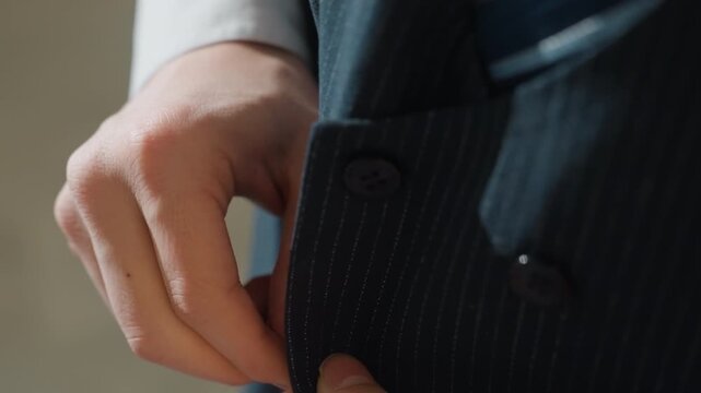 Closeup hands buttoning pinstripe suit jacket, executive preparing for boardroom presentation, tailored navy fabric, subtle pinstripe, steady fingers, morning light, focused routine, cuff detail,