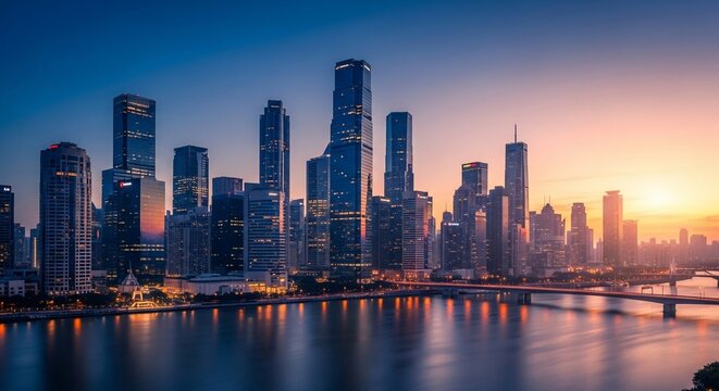 City skyline sunset reflection