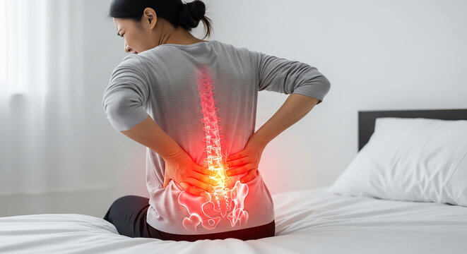 A person sitting on a bed clutching their lower back in agony, with a glowing spinal graphic symbolizing intense back pain or a medical condition