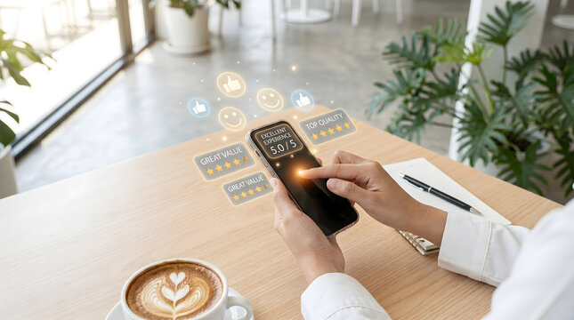 Customer satisfaction and 5-star rating concept: Person using smartphone to leave positive review, happy client giving excellent experience feedback.
