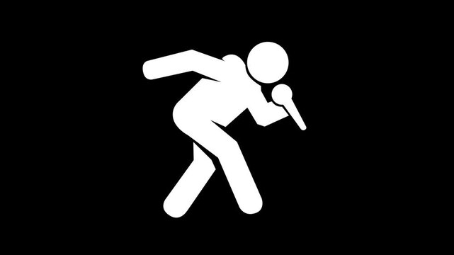 A white silhouette of a person running with a microphone in hand against a black background in this video