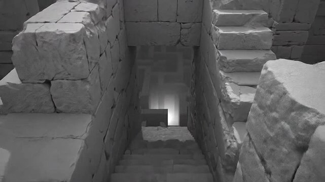 A complex stone maze with weathered walls and deep shadows