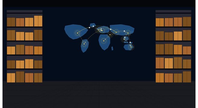 Global network connection map with library background animation