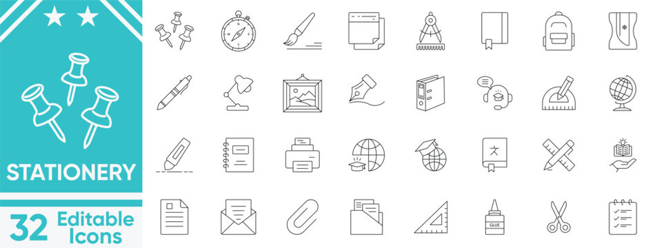 Stationery icon set.Editable stroke.office supplies, paper, notebook, ruler, envelope, pencil, drawing compass and more.Vector and illustrator.