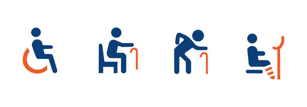 Disability icon set. Contains icons for wheelchairs, accessibility, blindness, broken legs, people with disabilities, assistance, and deafness. Solid icon pack.