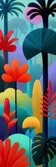 Fototapeta premium Vibrant, abstract botanical scene with lush foliage in tropical hues, creating a surreal, dreamlike atmosphere