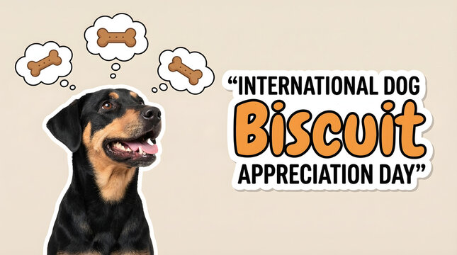 Dog thinking of biscuits on international dog biscuit appreciation day with bones in thought bubbles