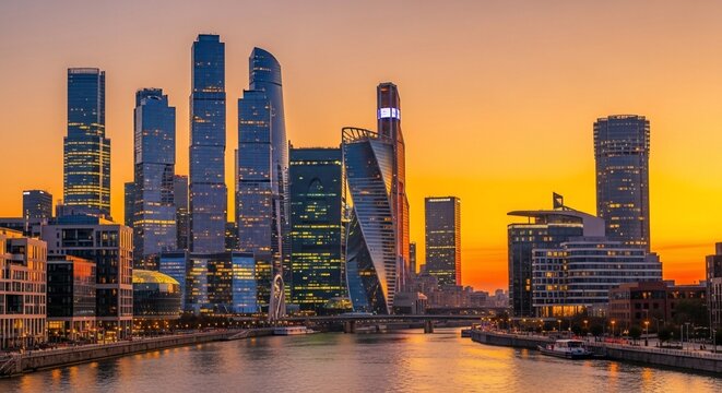 Cityscape skyscrapers sunset sky