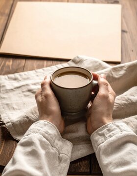 Person holding warm ceramic coffee mug with both hands, cozy morning atmosphere, rustic wooden table background, morning ritual, comfort and warmth
