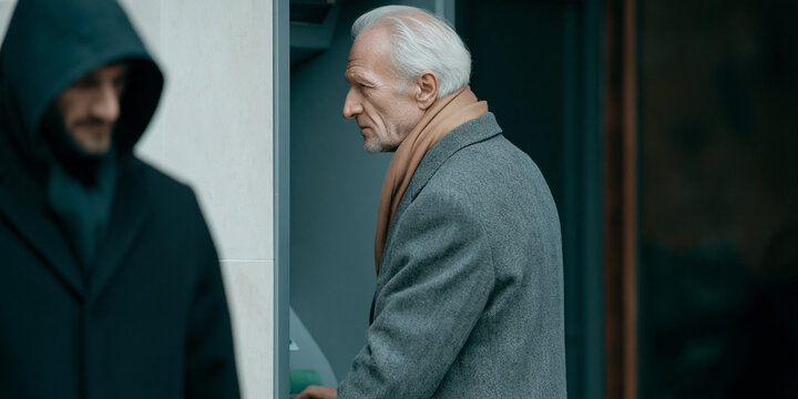 A hooded figure confronts an older man outside a building. The scene is tense and mysterious