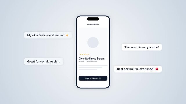 Glow radiance serum skincare product page mobile app interface mockup with animated floating customer review bubbles on clean light gray background