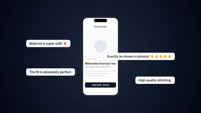Minimalist oversize tee product details mobile application mockup with social proof floating customer reviews animated on dark blue background